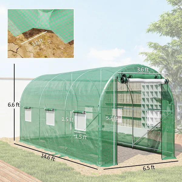 Outsunny Hoop House Greenhouse, Walk-in Tunnel Greenhouse with 2 Support Rods, Zippered Roll-up Mesh Door, 14.6'x6.5'x6.6', Green - product image 3