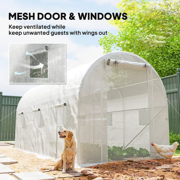 Outsunny Hoop House Greenhouse, Walk-in Tunnel Greenhouse with 2 Support Rods, Zippered Roll-up Mesh Door, 14.6 ft x 6.5 ft x 6.6 ft, White - product image 6