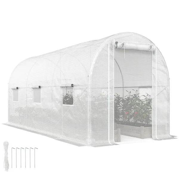 Outsunny Hoop House Greenhouse, Walk-in Tunnel Greenhouse with 2 Support Rods, Zippered Roll-up Mesh Door, 14.6 ft x 6.5 ft x 6.6 ft, White - product image 11
