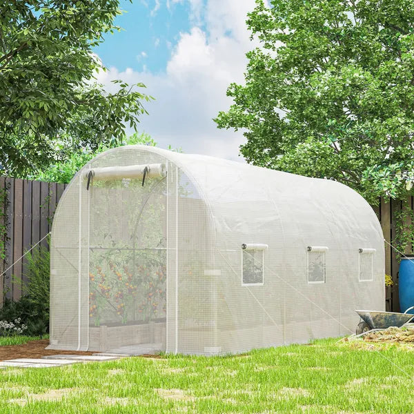 Outsunny Hoop House Greenhouse, Walk-in Tunnel Greenhouse with 2 Support Rods, Zippered Roll-up Mesh Door, 14.6 ft x 6.5 ft x 6.6 ft, White - product image 2