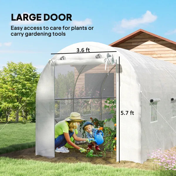Outsunny Hoop House Greenhouse, Walk-in Tunnel Greenhouse with 2 Support Rods, Zippered Roll-up Mesh Door, 14.6 ft x 6.5 ft x 6.6 ft, White - product image 7
