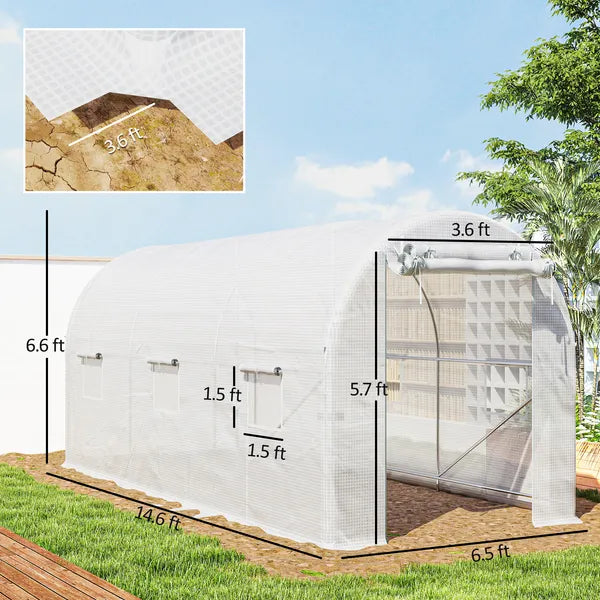 Outsunny Hoop House Greenhouse, Walk-in Tunnel Greenhouse with 2 Support Rods, Zippered Roll-up Mesh Door, 14.6 ft x 6.5 ft x 6.6 ft, White - product image 3