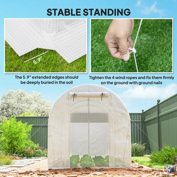 Outsunny Hoop House Greenhouse, Walk-in Tunnel Greenhouse with 2 Support Rods, Zippered Roll-up Mesh Door, 14.6 ft x 6.5 ft x 6.6 ft, White - product image 8