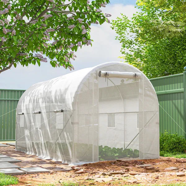 Outsunny Hoop House Greenhouse, Walk-in Tunnel Greenhouse with 2 Support Rods, Zippered Roll-up Mesh Door, 14.6 ft x 6.5 ft x 6.6 ft, White - product image 10