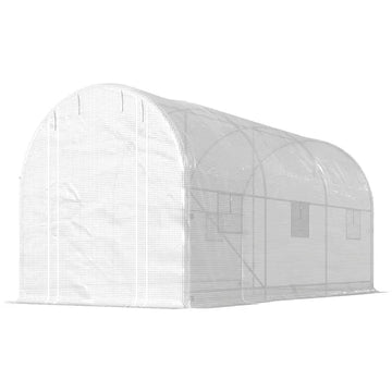 Outsunny Hoop House Greenhouse, Walk-in Tunnel Greenhouse with 2 Support Rods, Zippered Roll-up Mesh Door, 14.6 ft x 6.5 ft x 6.6 ft, White - product image 1