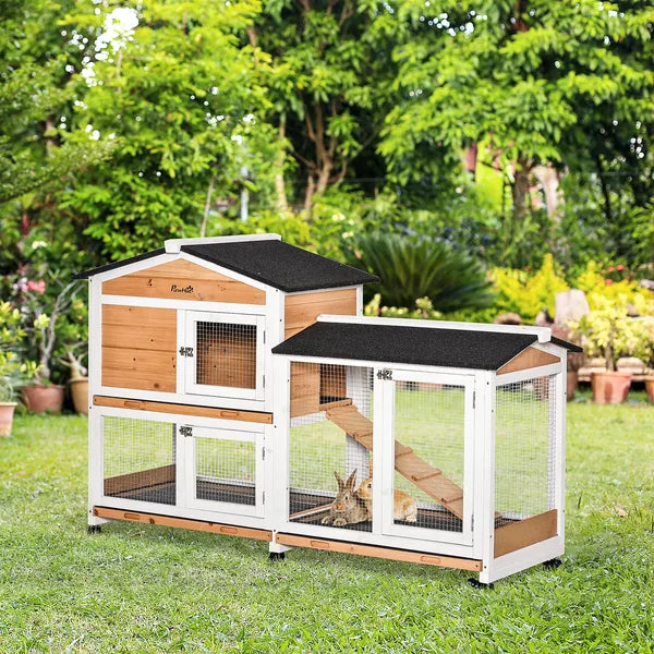 Indoor Rabbit Enclosure, Mobile 62" Wooden with Wheels Yellow Slide-Out Tray and Ramp Pet Cage - product image 2