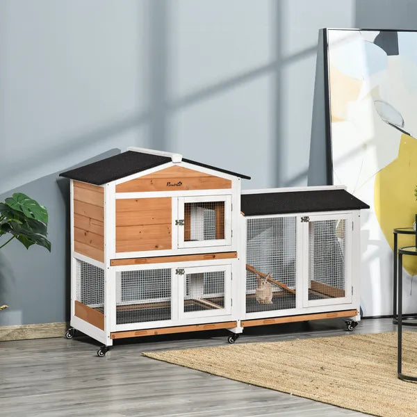 Indoor Rabbit Enclosure, Mobile 62" Wooden with Wheels Yellow Slide-Out Tray and Ramp Pet Cage - product image 10