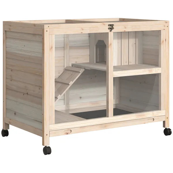 PawHut Indoor Rabbit Enclosure, Rolling Wooden Cage with Wheels Lockable Doors Run Ramp for Bunny Guinea Pig Hamster Natural - product image 1