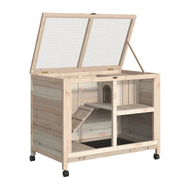 PawHut Indoor Rabbit Enclosure, Rolling Wooden Cage with Wheels Lockable Doors Run Ramp for Bunny Guinea Pig Hamster Natural - product image 9