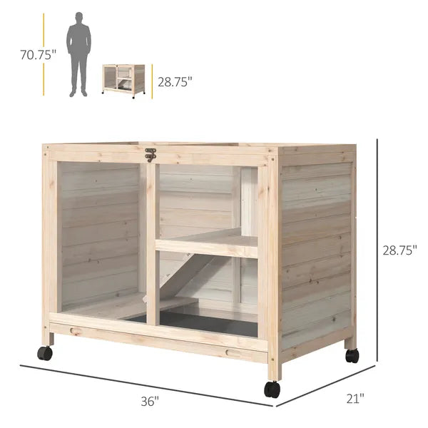 PawHut Indoor Rabbit Enclosure, Rolling Wooden Cage with Wheels Lockable Doors Run Ramp for Bunny Guinea Pig Hamster Natural - product image 3