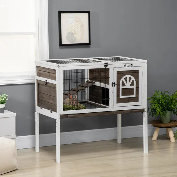 Indoor Rabbit Hutch Wooden Guinea Pig Cage with Tray Lockable Doors Coffee - product image 10