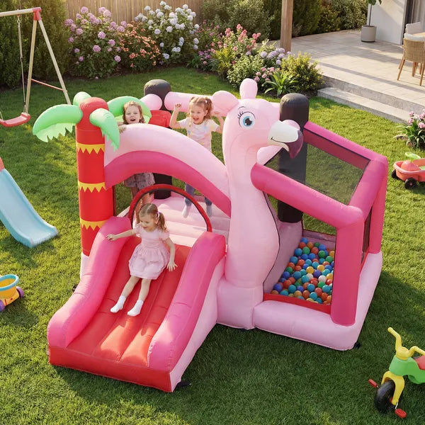 Qaba Inflatable Bounce House with Ball Pool, Basketball Hoop, Jumping Bouncy Castle with Blower for Indoor Outdoor, Pink - product image 2