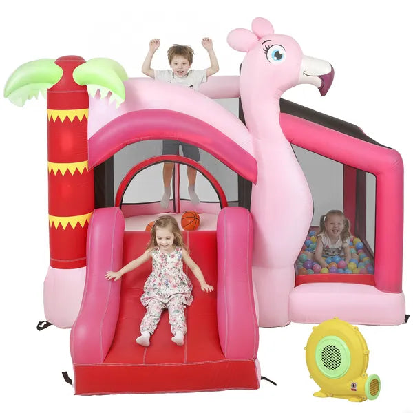 Qaba Inflatable Bounce House with Ball Pool, Basketball Hoop, Jumping Bouncy Castle with Blower for Indoor Outdoor, Pink - product image 1