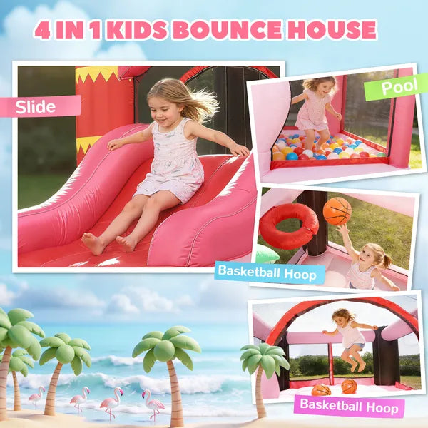 Qaba Inflatable Bounce House with Ball Pool, Basketball Hoop, Jumping Bouncy Castle with Blower for Indoor Outdoor, Pink - product image 4