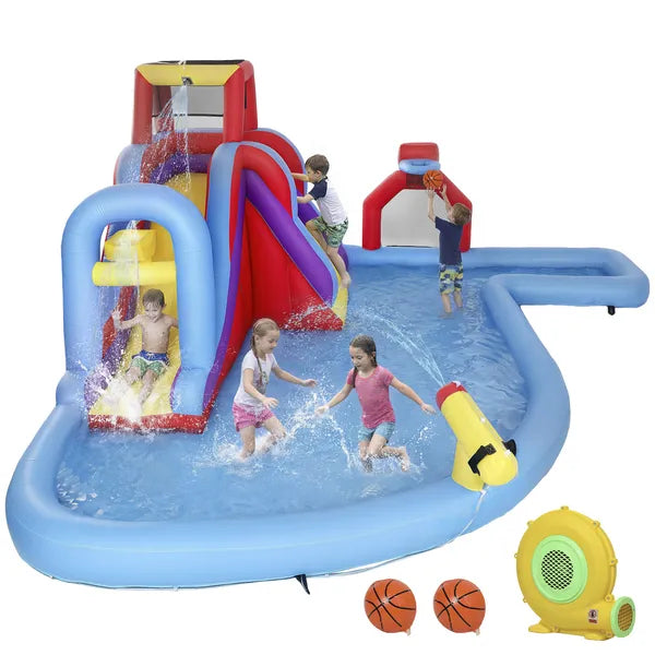 Qaba Inflatable Water Slide 6-in-1 with 480W Blower, Bounce House with Climbing Wall, Splashing Pool, Basketball Hoop - product image 1