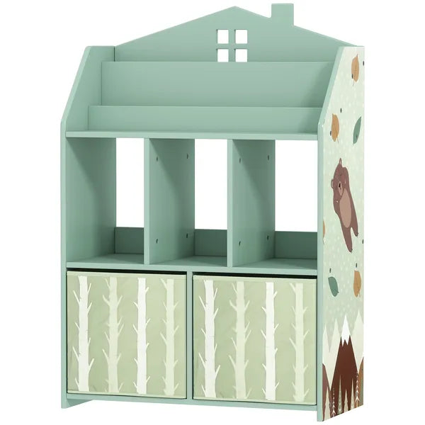 Qaba Kids Bookshelf with Storage, Toy Storage Unit with Book Display, Shelves and Fabric Drawers for Playroom Nursery, Green - product image 1