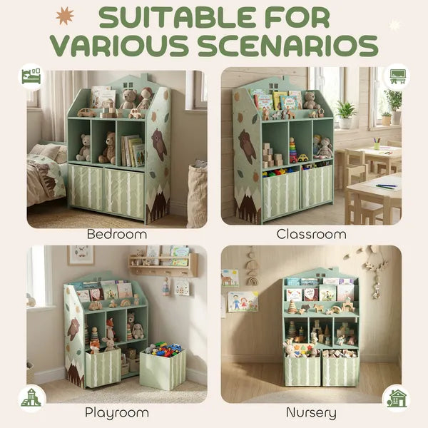 Qaba Kids Bookshelf with Storage, Toy Storage Unit with Book Display, Shelves and Fabric Drawers for Playroom Nursery, Green - product image 8