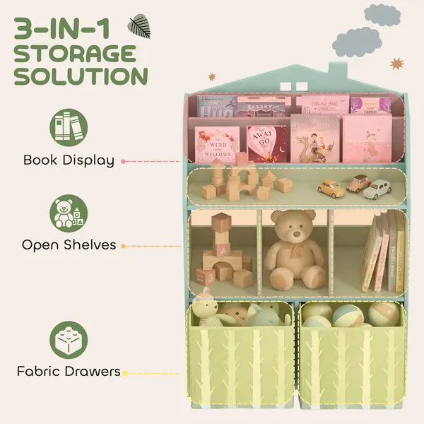 Qaba Kids Bookshelf with Storage, Toy Storage Unit with Book Display, Shelves and Fabric Drawers for Playroom Nursery, Green - product image 4
