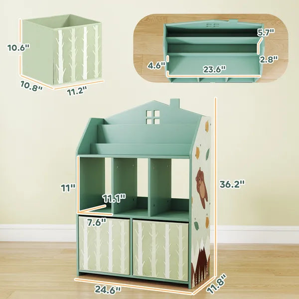 Qaba Kids Bookshelf with Storage, Toy Storage Unit with Book Display, Shelves and Fabric Drawers for Playroom Nursery, Green - product image 3