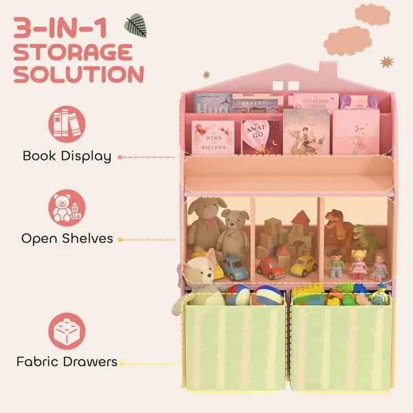 Kids Bookshelf with Storage, Toy Storage Unit with Book Display, Shelves and Fabric Drawers for Playroom Nursery, Pink - product image 4
