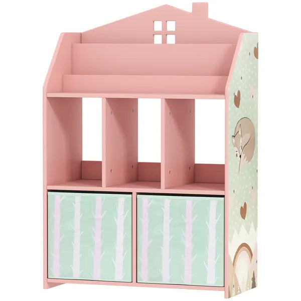Kids Bookshelf with Storage, Toy Storage Unit with Book Display, Shelves and Fabric Drawers for Playroom Nursery, Pink - product image 1