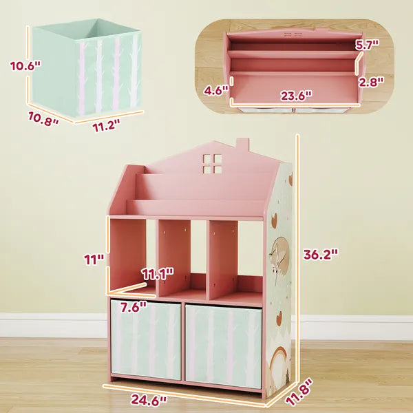 Kids Bookshelf with Storage, Toy Storage Unit with Book Display, Shelves and Fabric Drawers for Playroom Nursery, Pink - product image 3