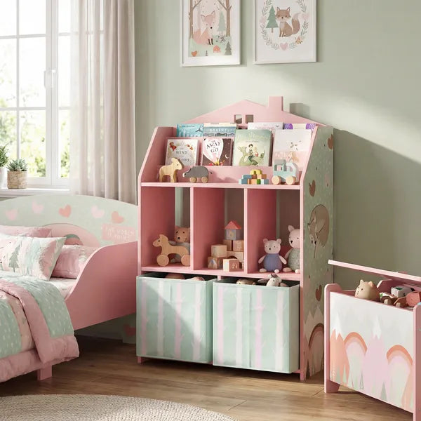 Kids Bookshelf with Storage, Toy Storage Unit with Book Display, Shelves and Fabric Drawers for Playroom Nursery, Pink - product image 10