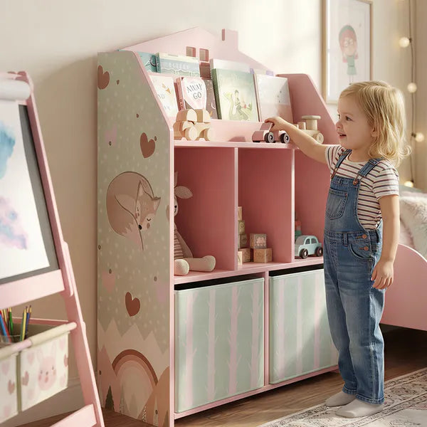 Kids Bookshelf with Storage, Toy Storage Unit with Book Display, Shelves and Fabric Drawers for Playroom Nursery, Pink - product image 9