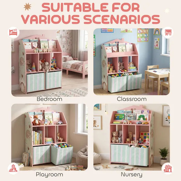 Kids Bookshelf with Storage, Toy Storage Unit with Book Display, Shelves and Fabric Drawers for Playroom Nursery, Pink - product image 8