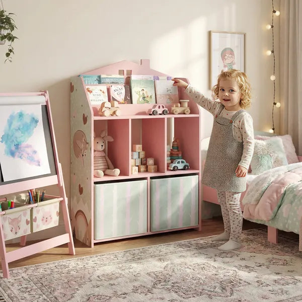 Kids Bookshelf with Storage, Toy Storage Unit with Book Display, Shelves and Fabric Drawers for Playroom Nursery, Pink - product image 2