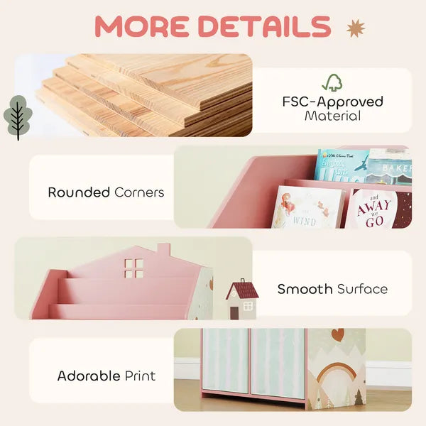 Kids Bookshelf with Storage, Toy Storage Unit with Book Display, Shelves and Fabric Drawers for Playroom Nursery, Pink - product image 7