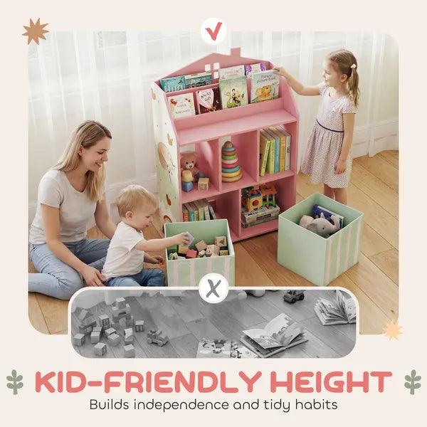Kids Bookshelf with Storage, Toy Storage Unit with Book Display, Shelves and Fabric Drawers for Playroom Nursery, Pink - product image 5