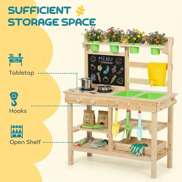 Kids Mud Kitchen, Outdoor Wooden Play Kitchen with Kitchenware and Garden Tools, Pretend Play Outdoor Toys, Natural - product image 7