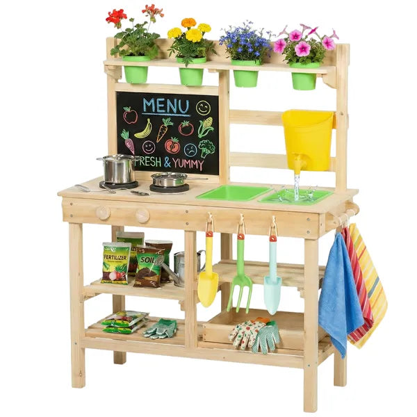 Kids Mud Kitchen, Outdoor Wooden Play Kitchen with Kitchenware and Garden Tools, Pretend Play Outdoor Toys, Natural - product image 11