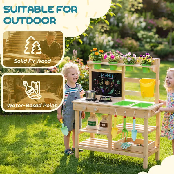Kids Mud Kitchen, Outdoor Wooden Play Kitchen with Kitchenware and Garden Tools, Pretend Play Outdoor Toys, Natural - product image 8