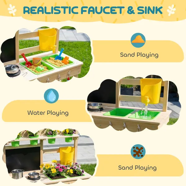 Kids Mud Kitchen, Outdoor Wooden Play Kitchen with Kitchenware and Garden Tools, Pretend Play Outdoor Toys, Natural - product image 4