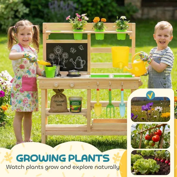 Kids Mud Kitchen, Outdoor Wooden Play Kitchen with Kitchenware and Garden Tools, Pretend Play Outdoor Toys, Natural - product image 5