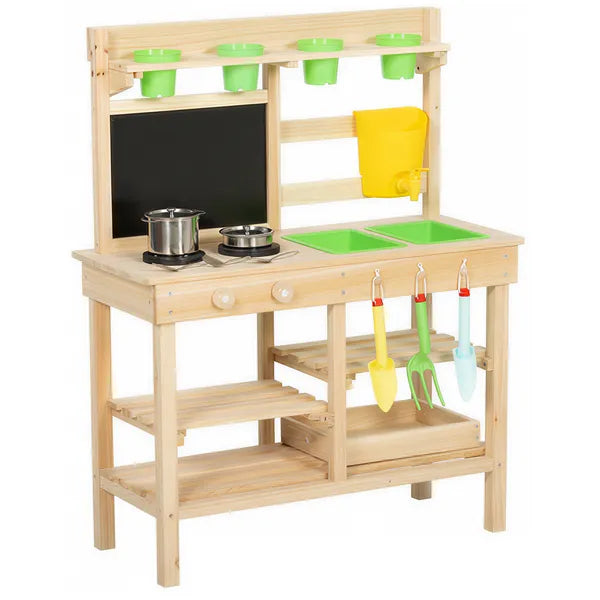 Kids Mud Kitchen, Outdoor Wooden Play Kitchen with Kitchenware and Garden Tools, Pretend Play Outdoor Toys, Natural - product image 1