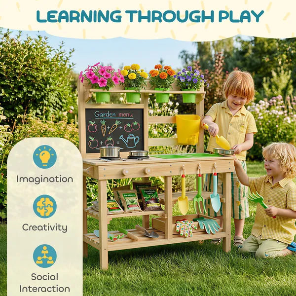 Kids Mud Kitchen, Outdoor Wooden Play Kitchen with Kitchenware and Garden Tools, Pretend Play Outdoor Toys, Natural - product image 9