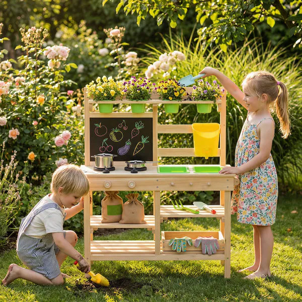 Kids Mud Kitchen, Outdoor Wooden Play Kitchen with Kitchenware and Garden Tools, Pretend Play Outdoor Toys, Natural - product image 2