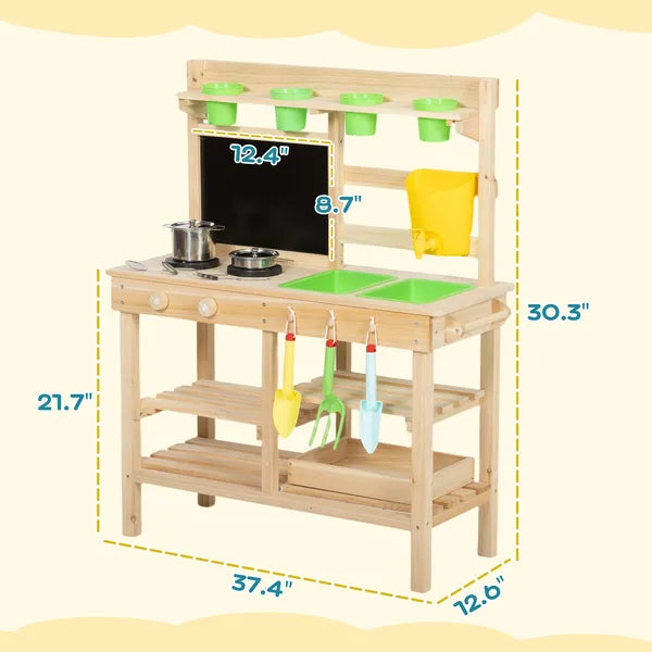 Kids Mud Kitchen, Outdoor Wooden Play Kitchen with Kitchenware and Garden Tools, Pretend Play Outdoor Toys, Natural - product image 3