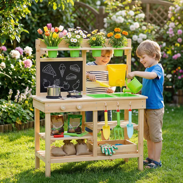 Kids Mud Kitchen, Outdoor Wooden Play Kitchen with Kitchenware and Garden Tools, Pretend Play Outdoor Toys, Natural - product image 10