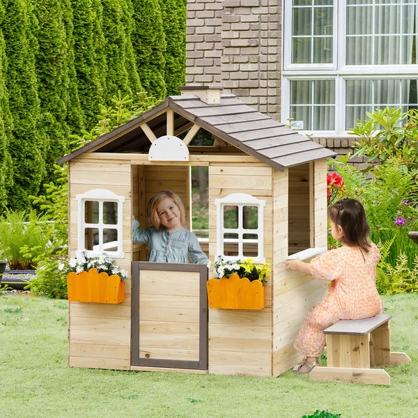 Outsunny Kids Outdoor Wooden Playhouse, Garden Adventure Cottage, Door, Service Station, Flower Pot Holder - product image 2