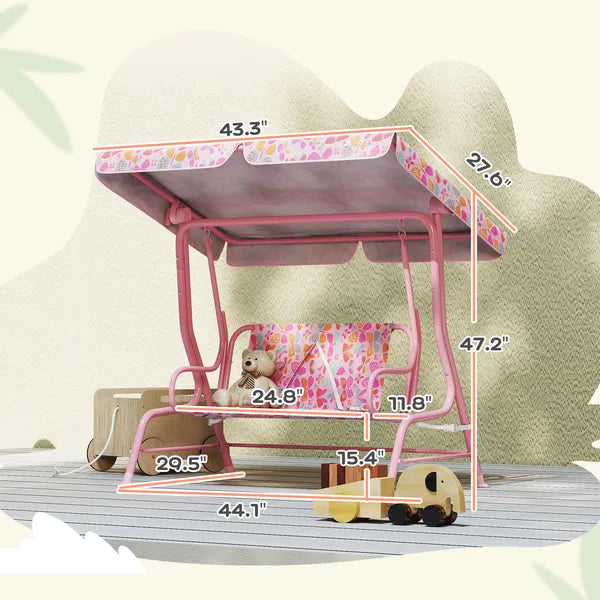 Kids Patio Swing, 2-Seater Outdoor Porch Swing with Safety Belt and Adjustable Canopy for Backyard Garden, Pink - product image 2