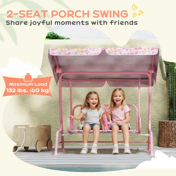 Kids Patio Swing, 2-Seater Outdoor Porch Swing with Safety Belt and Adjustable Canopy for Backyard Garden, Pink - product image 3
