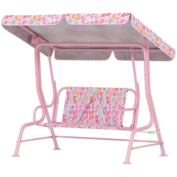 Kids Patio Swing, 2-Seater Outdoor Porch Swing with Safety Belt and Adjustable Canopy for Backyard Garden, Pink - product image 1