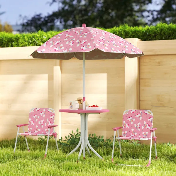 Qaba Kids Picnic Table, Kids Table and Chair Set with 2 Folding Chairs and Umbrella for Backyard, Garden, Patio, Pink - product image 10