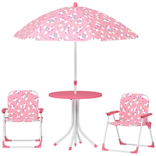 Qaba Kids Picnic Table, Kids Table and Chair Set with 2 Folding Chairs and Umbrella for Backyard, Garden, Patio, Pink - product image 1