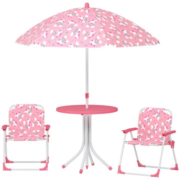 Qaba Kids Picnic Table, Kids Table and Chair Set with 2 Folding Chairs and Umbrella for Backyard, Garden, Patio, Pink - product image 1