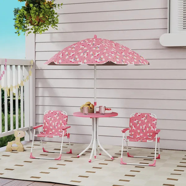 Qaba Kids Picnic Table, Kids Table and Chair Set with 2 Folding Chairs and Umbrella for Backyard, Garden, Patio, Pink - product image 2